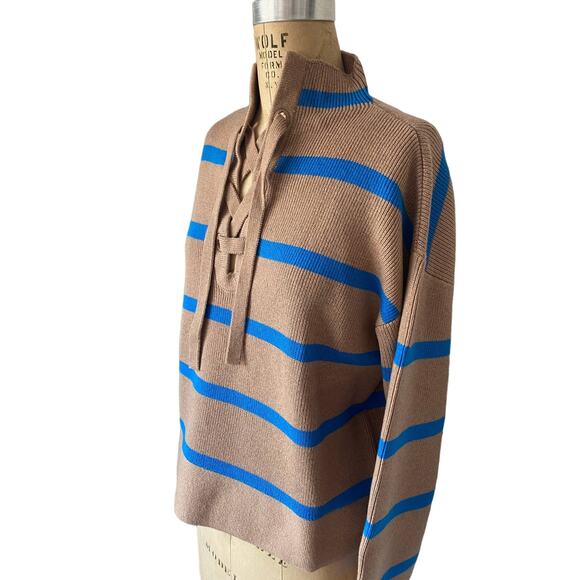 Everlane The Lace-Up Smock Sweater in Chestnut/Blue Stripes size M nwt - Picture 1 of 7